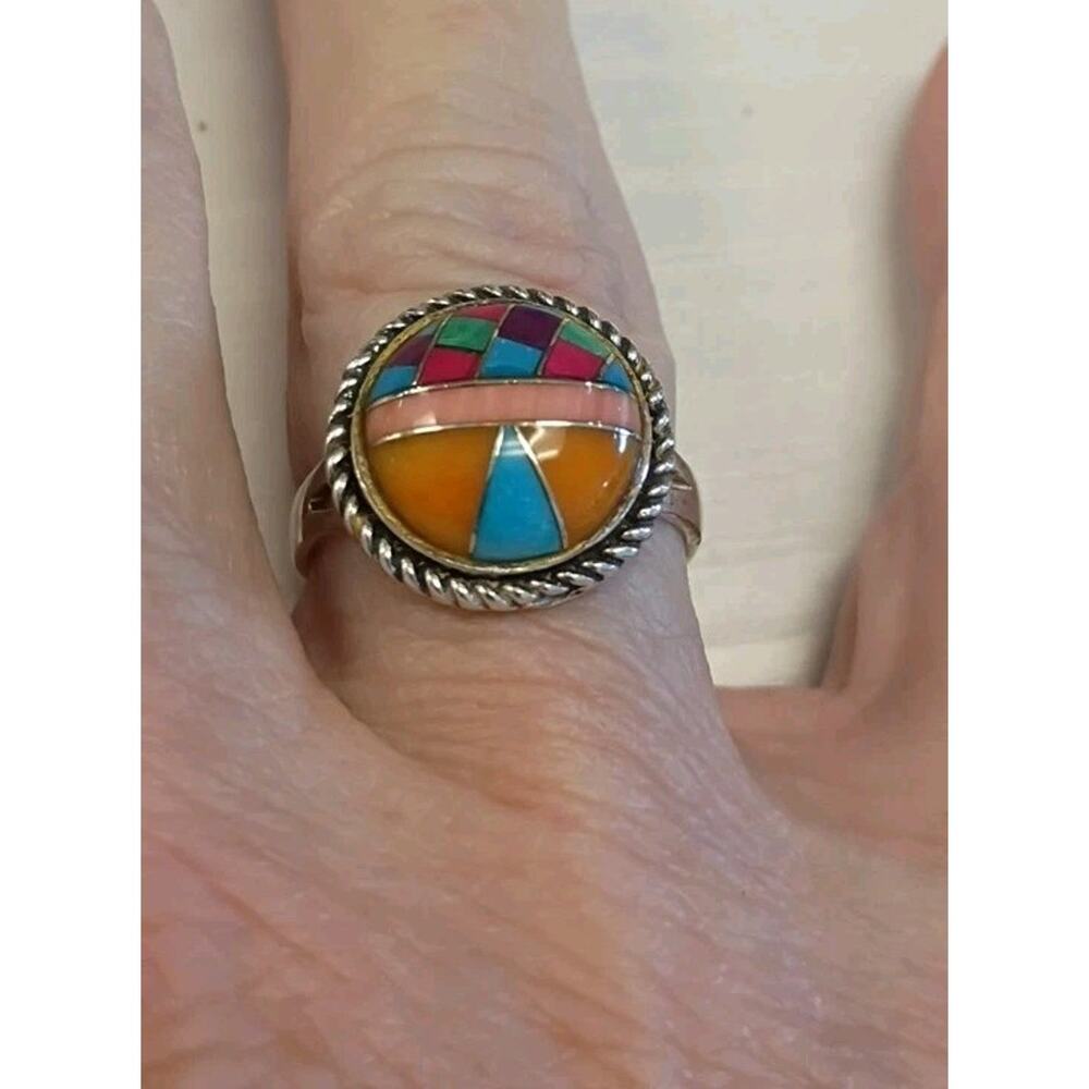 Handcrafted Sterling Native American Multi-Stone Inlay Ring Size 8 Southwestern